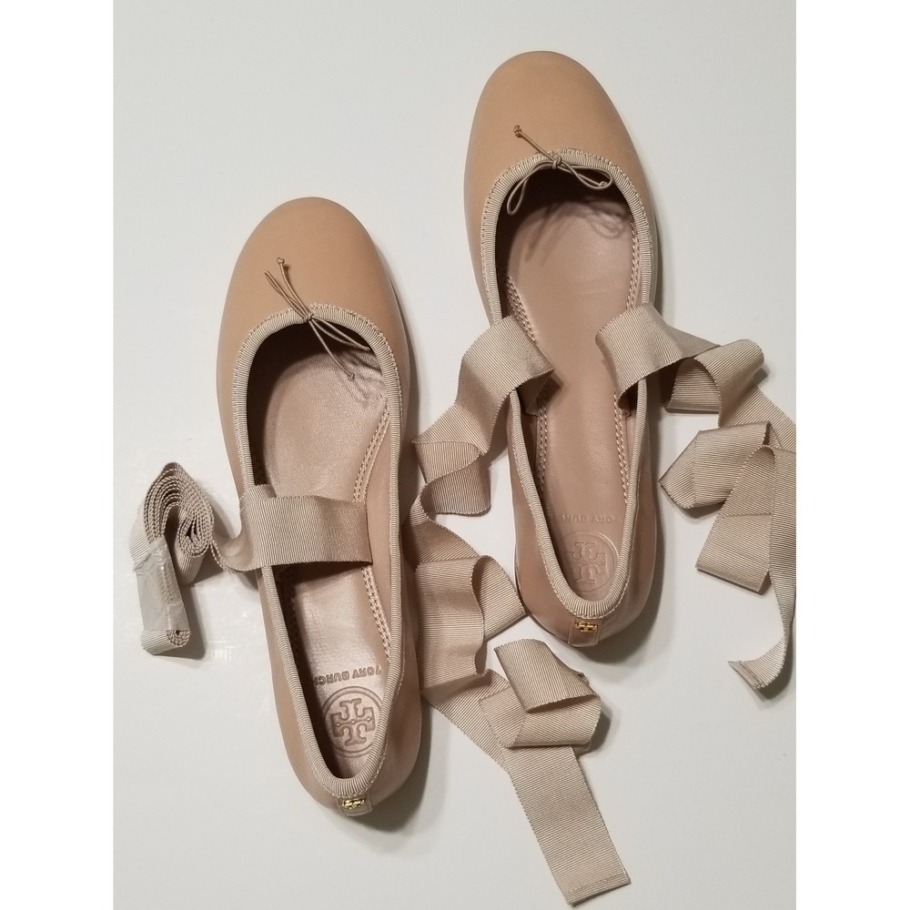 Tory Burch Elodie Lace Up Ankle Wrap Napa Leather Ballet Flat Goan Sand 7 9.5 10